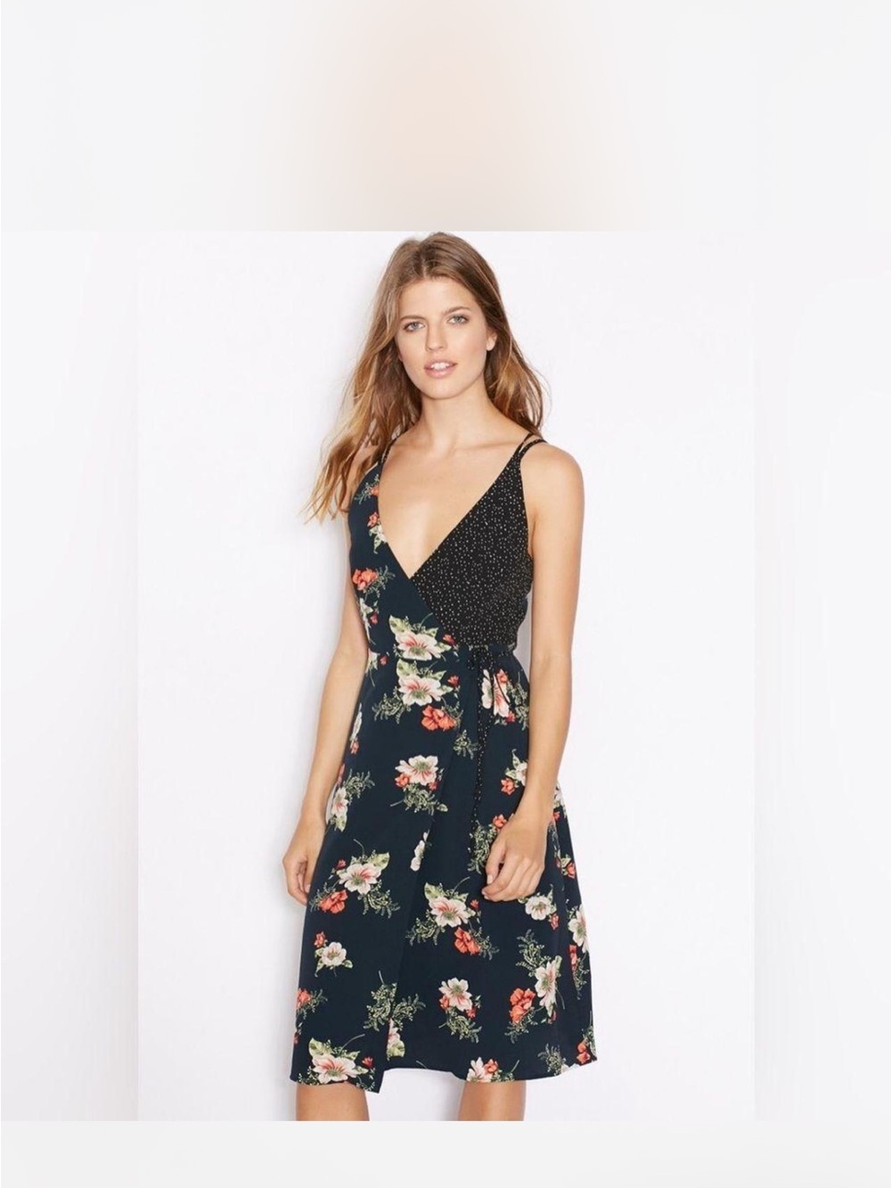 Topshop Navy Floral Wrap Dress with Black Speckled Bodice